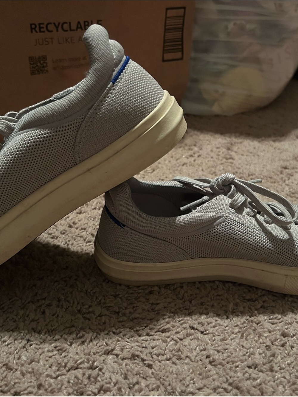 Rothy's Light Gray Knit Sneakers with Blue Heel Tab